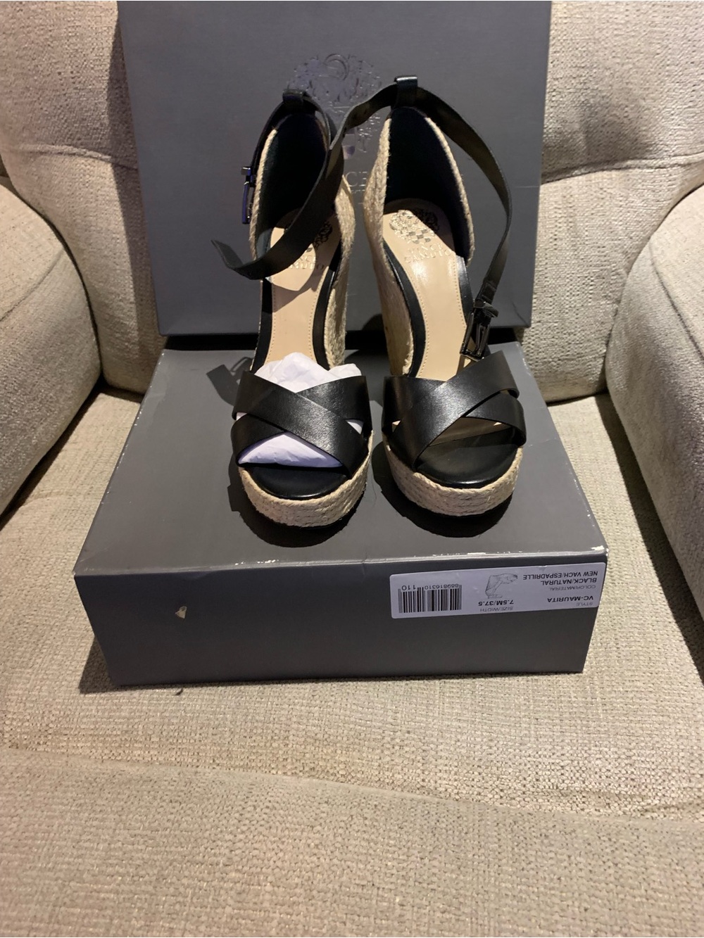 Vince Camuto Black and Tan Espadrille Wedges